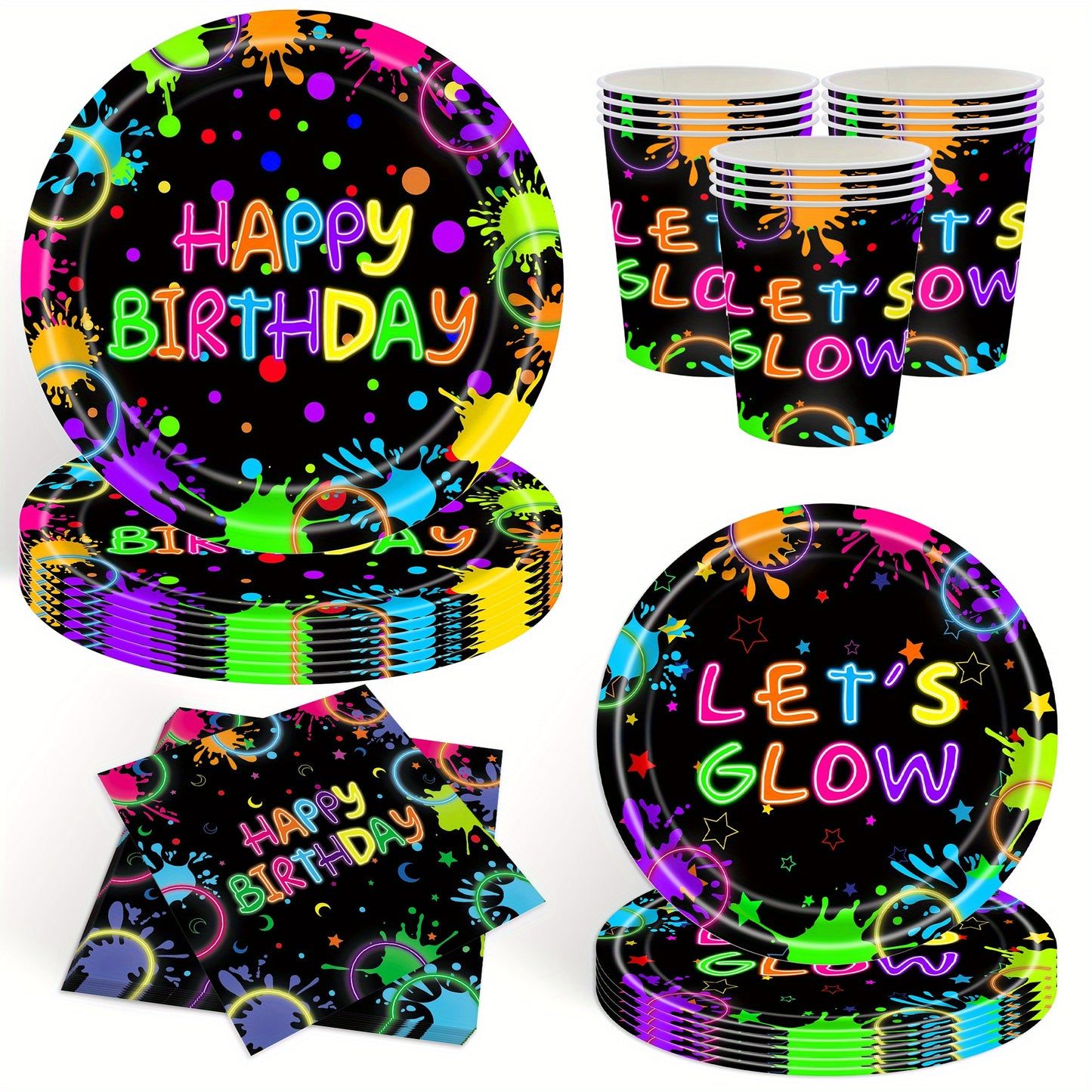 85pcs Glow-in-the-Dark Birthday Party Supplies Set - Neon Glow-in-the-Dark Plates, Cups, and Decorations for a Fun and Festive Celebration, Party Supplies | Neon Glow Effect | Paper Plates, Birthday Party Decorations, Paper N