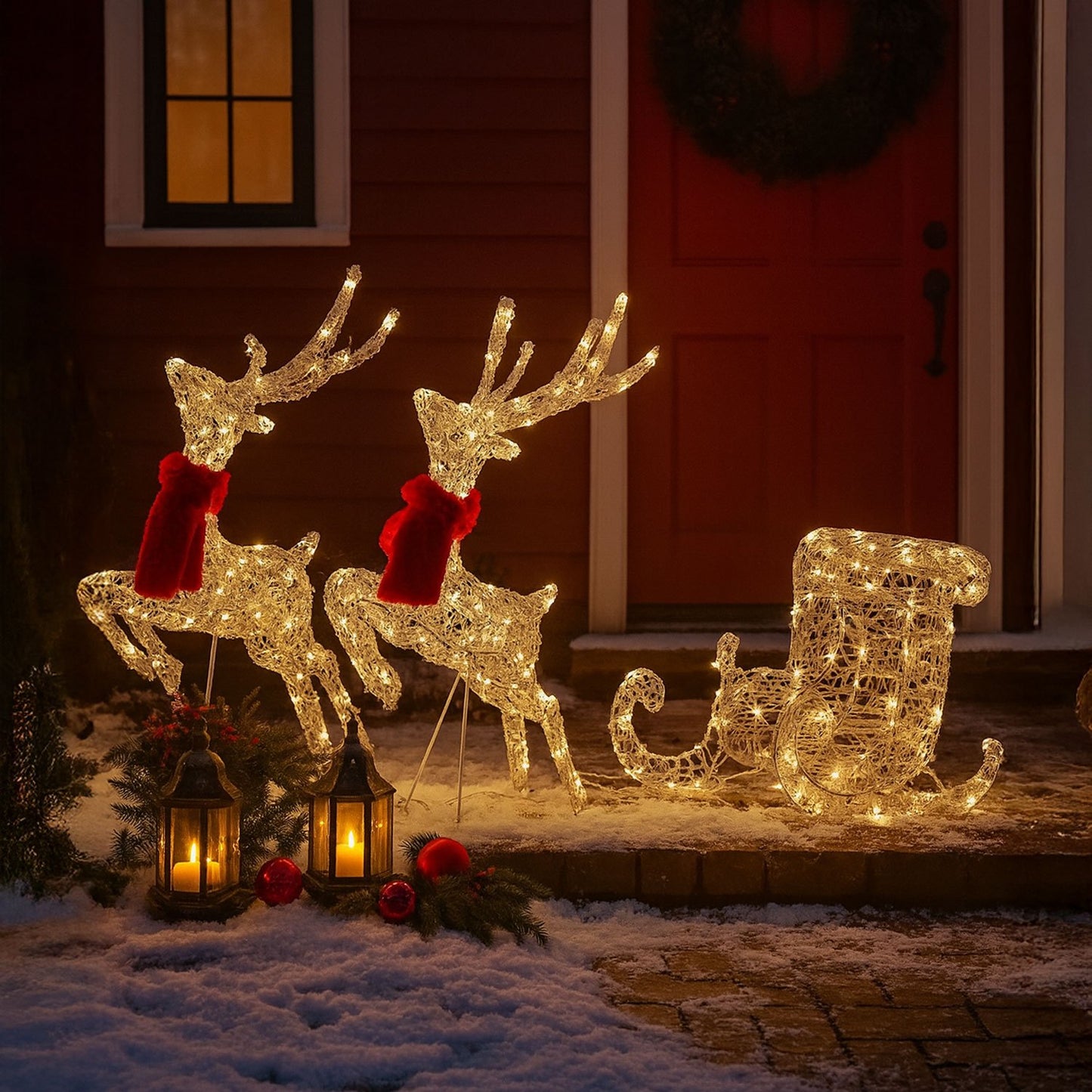 Neo 240 LED Christmas Sleigh Reindeer Outdoor Decoration Warm Bright White Mixed Light Effects Timer 65cm Reindeers Weatherproof Frame 6 Ground Hooks Included