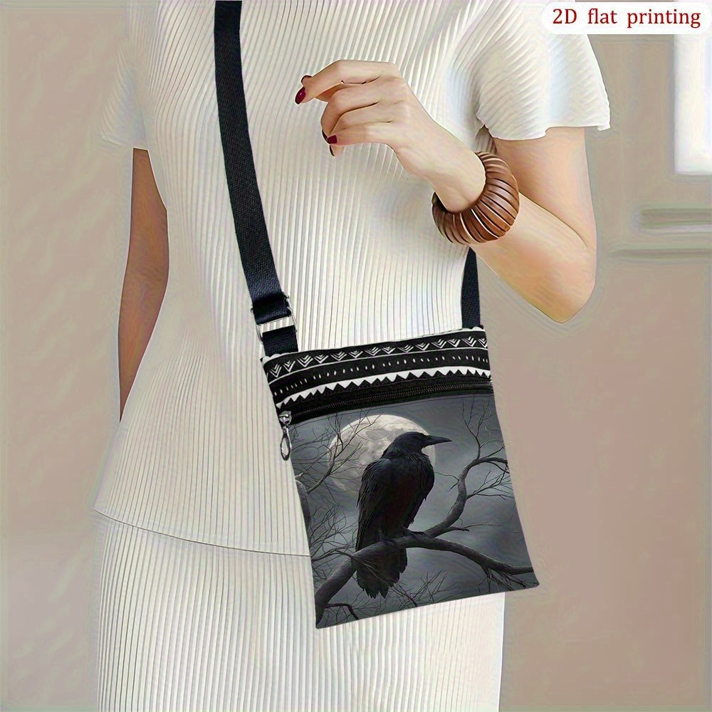 NEW Black Raven Moon Night Crossbody Bag with Adjustable Strap & Zipper Closure - Gothic Moon & Raven Print Handbag, Durable Casual Purse Suitable for Wedding Party Favors, Beach Trips, Daily Use - Stylish Gift for, 2D Flat