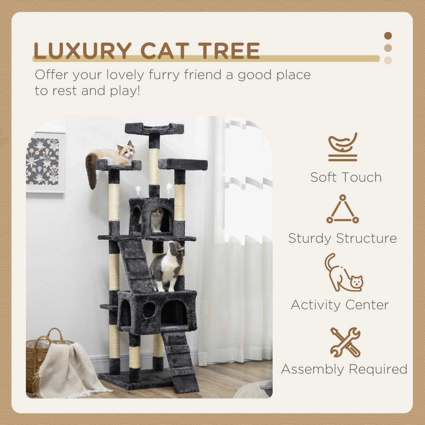Cat Tree for Indoor Cats, 173cm Cat Tower Scratching Post Tall Climbing Tower, Activity Centre House - Charcoal Grey