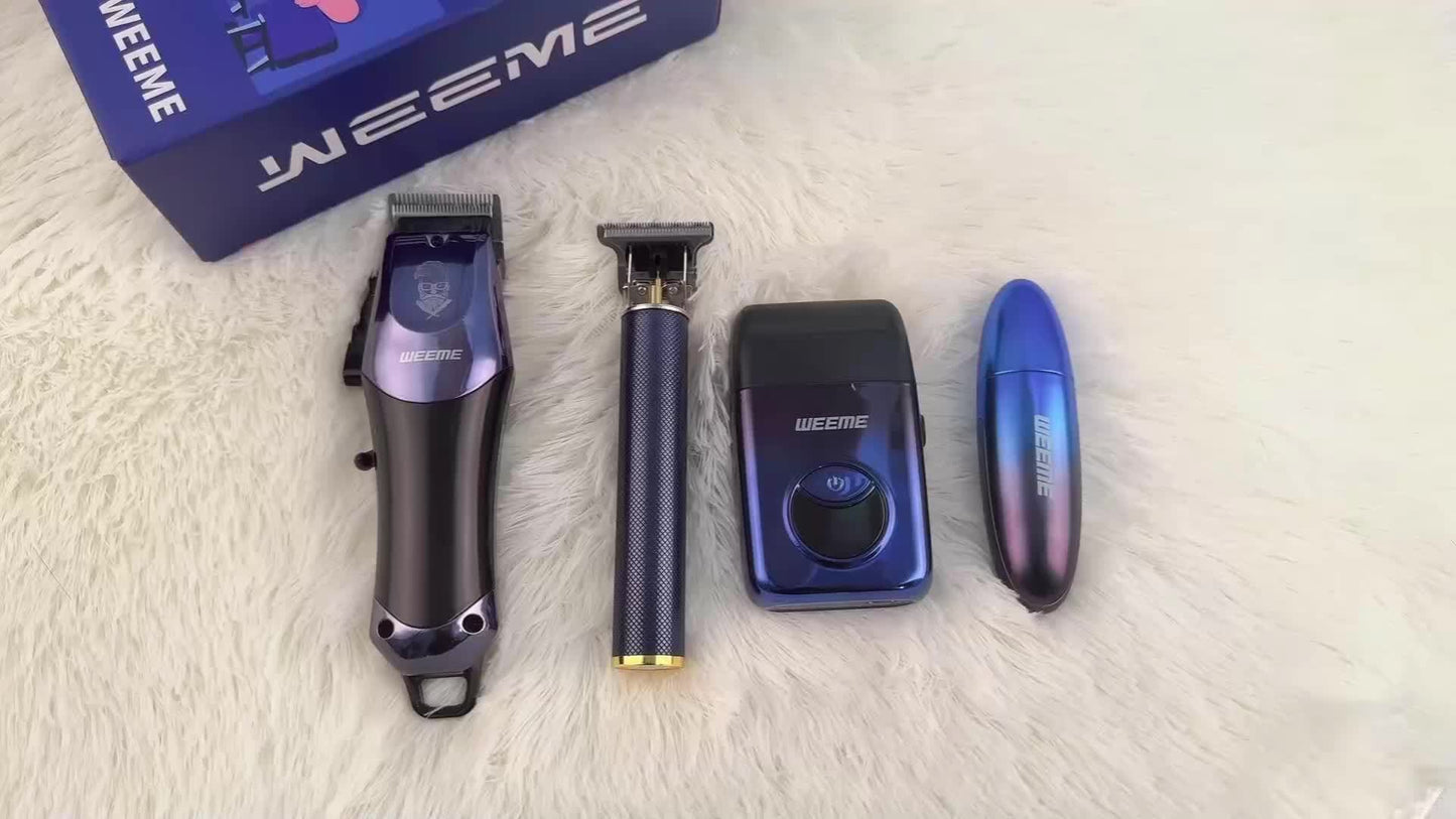 4 PCS Set Men's electric hair clipper, nose hair clipper, shaver set - wireless USB charging professional hair clipper set with lithium battery - his ideal gift, hair accessories | modern hair clipper tools | fashionable blue