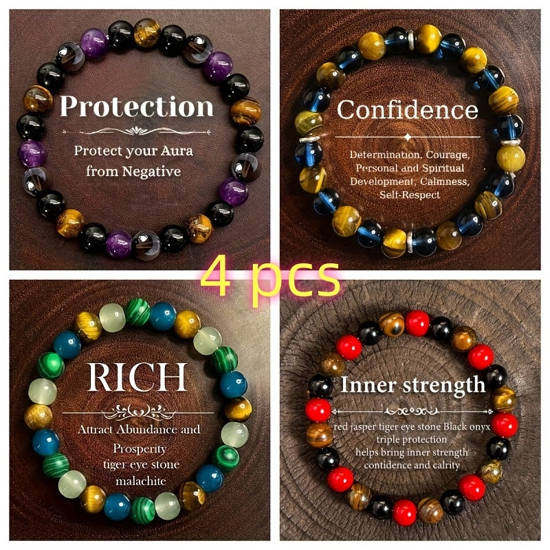 4 PCS Set Natural Stone Bracelet Set, Unisex, Attracts Wealth and Good Luck Jewelry Accessories