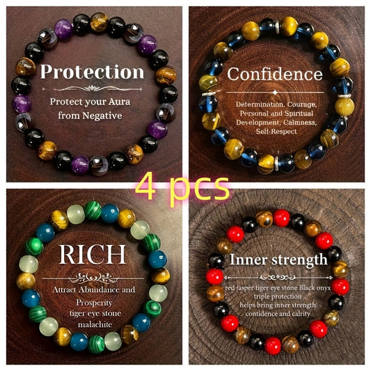4 PCS Set Natural Stone Bracelet Set, Unisex, Attracts Wealth and Good Luck Jewelry Accessories