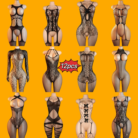 12pcs Women'S Lingerie Jumpsuit Set - Elegant Floral Pattern, Hollowed-Out Design, Romantic Fantasy, No Matching Set, Perfect for Bedroom Wear, Bedroom Attire|Floral Pattern Jumpsuit|Hollowed-Out Design, Lingerie Sets for Wom