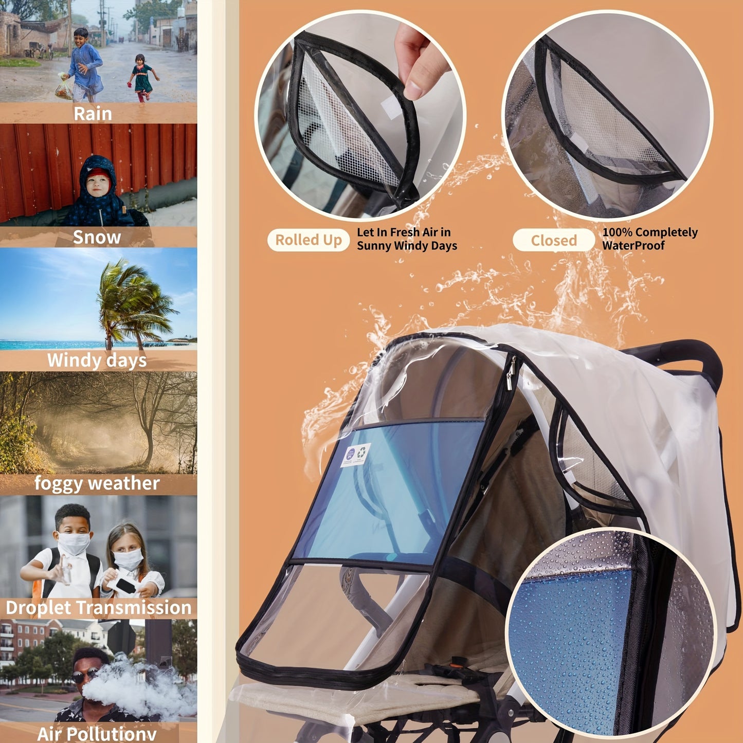 NEW Stroller Rain Cover - Waterproof & Windproof Travel Weather Shield, Dust and Snow Protection Accessory