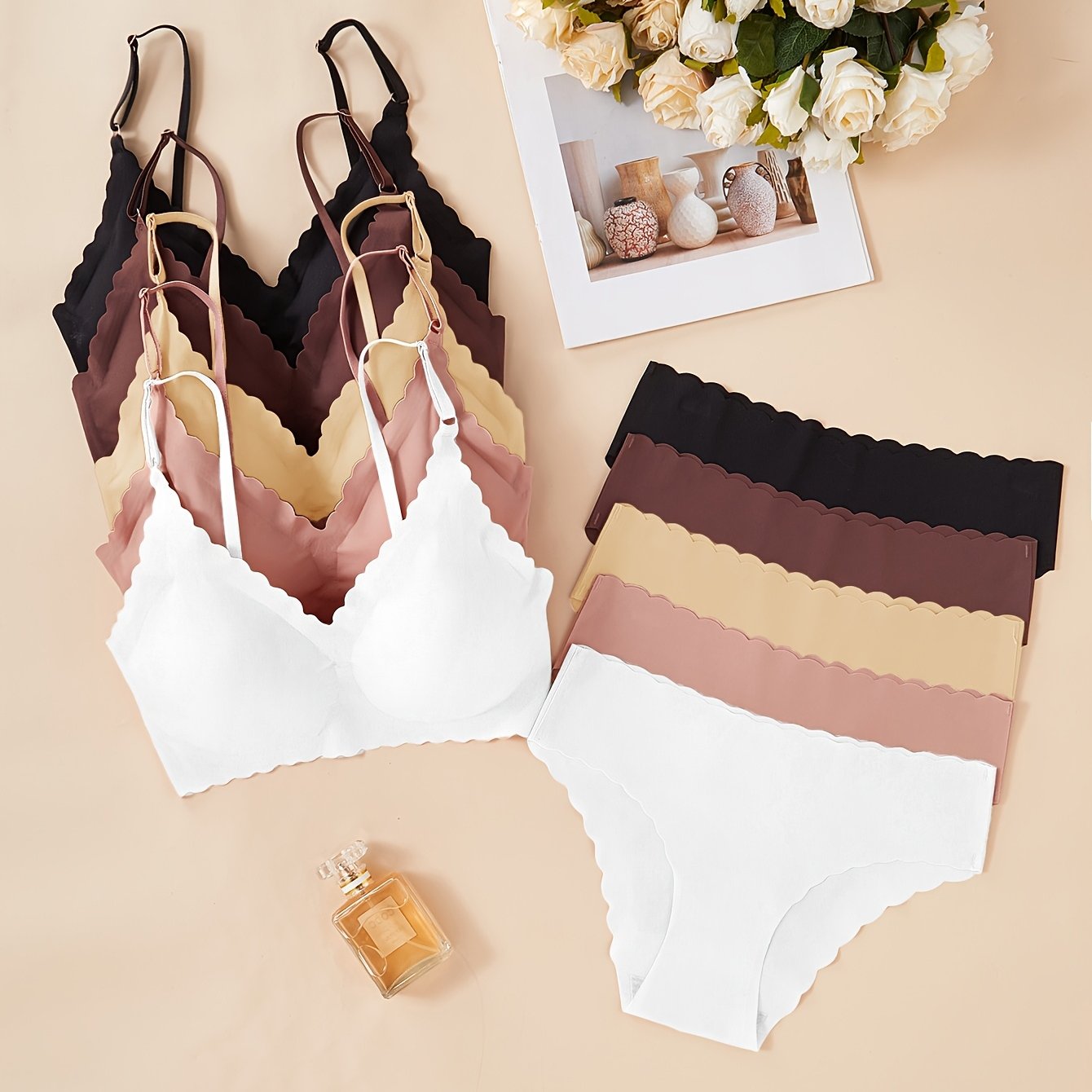 10pcs Elegant Seamless Women's Bra Set - Medium Support, Removable Pads, Strapless Design, Solid Colors (Beige, Brown, White, Black, Tan, Light Beige) - Perfect for Adult, Comfortable Undergarment | Elegant Strapless Bra | Se