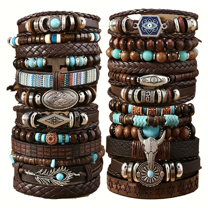 24pcs Retro Buffalo Head Turquoise Cowrie Wood Bead Bracelet Set - Brown Faux Leather with Star & Feather Pendants, Ideal Gift for Friends, Daily Occasion, Earth Day, Mother'S Day, Campus Event, Everyday Bracelet | Retro Styl