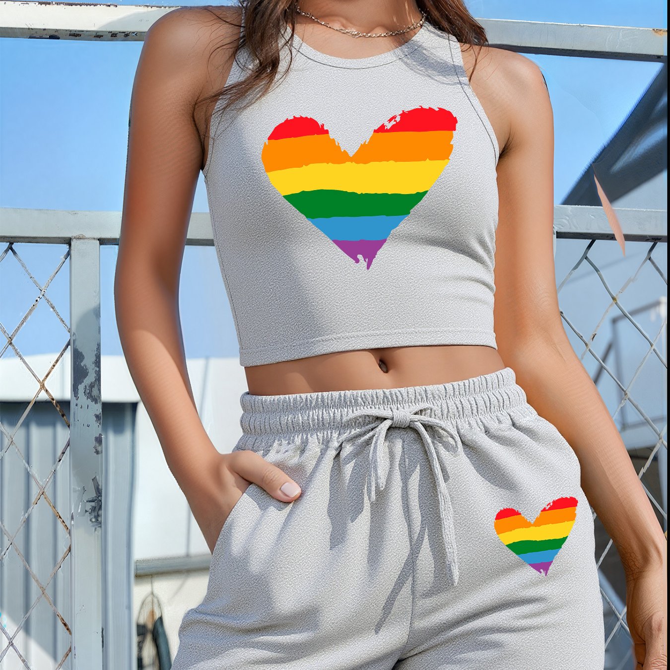 2PCS Set 5 Colors Women's LGBTQ+ Pride Heart Graphic - Sleeveless Vest & Loose Shorts Outfit in Red with Green/Purple Stripes, Drawstring Waist - Machine Washable Lounge, Party, Everyday Outfits