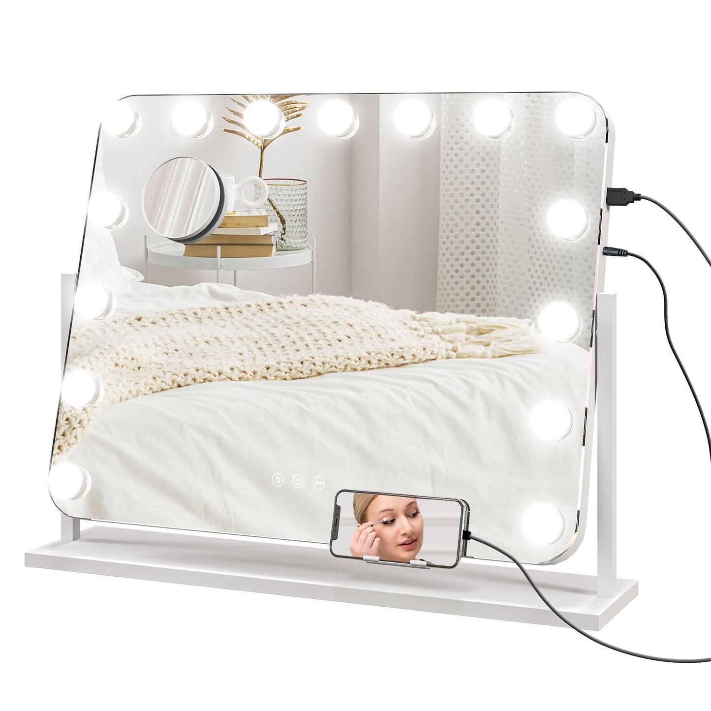 Hollywood Vanity Mirror with Lights, Large 63x50 cm Lighted Makeup Mirror with 3 Colour, 14 LED Bulbs, 10X Magnifying, USB Charging Port, Phone Holder, 360 Rotation, Touch Screen