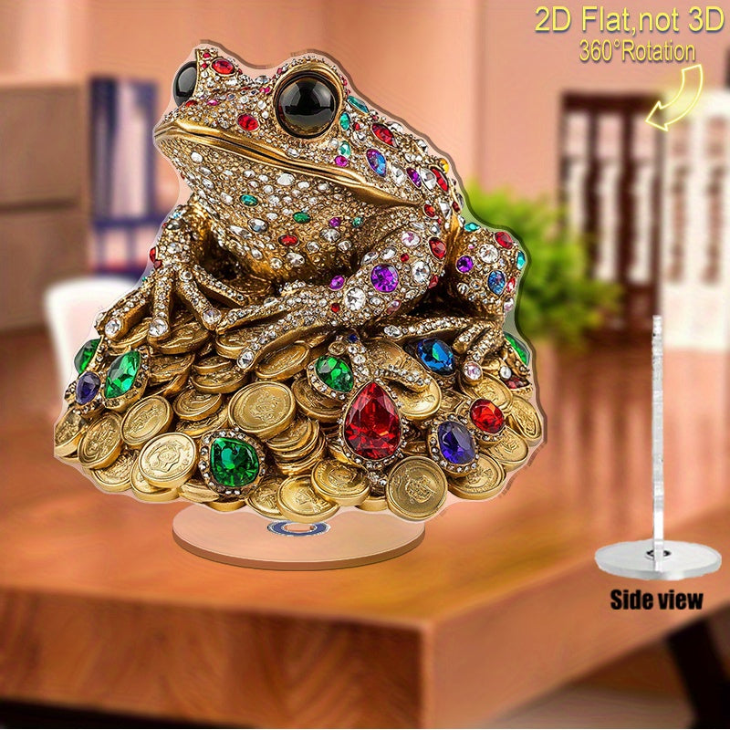 NEW Arrivals 2D Flat, 2D Flat Print Rotate Acrylic Ornament Featuring A Mesmerizing Jeweled Frog Atop Gleaming Golden Coins Ideal for Elevating Your Home Decor Gifting for Special Occasions Or Unique Celebrations