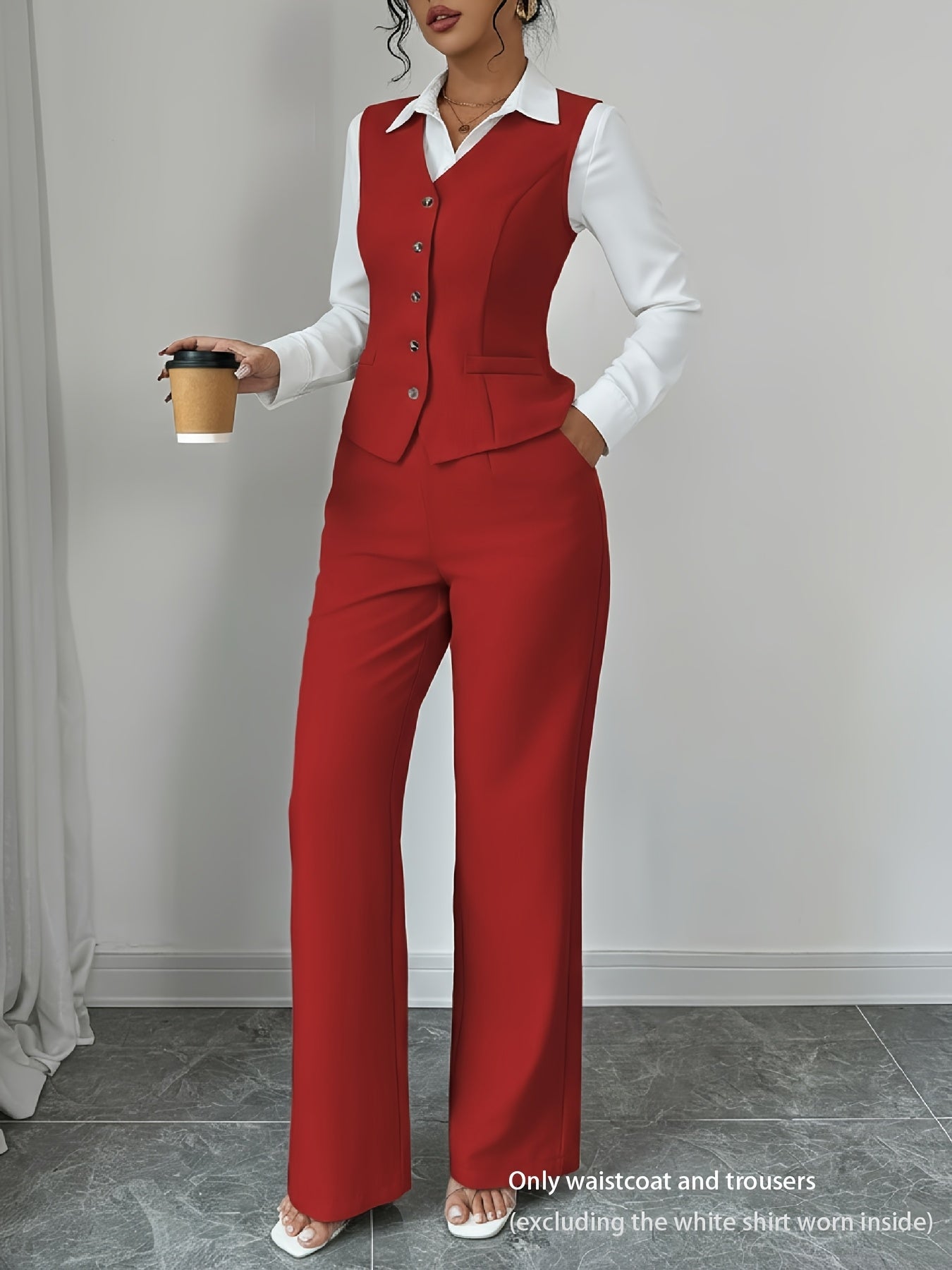 2 PCS Set UK 8-18 Size 5 Colors New Summer Women's Casual Elegant Chic Solid Color Sleeveless Single-Breasted Waist-Cinching Vest + High-Waist Wide-Leg Pants