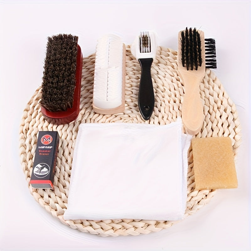 NEW 7pcs Variety Shoe Brush Kit - Double-Sided Shoe Polish Applicator & Horse Hair Brushes for Polishing - Nubuck & Suede Brush for Shoes, Soft Leather Cleaning with Microfiber Cloth