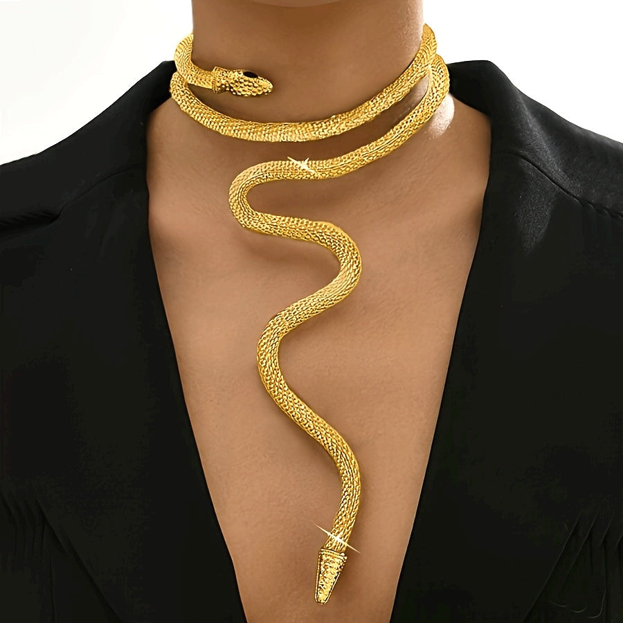 A Middle Eastern Fashion Statement Piece: an Adjustable, Women's Exaggerated Faux Golden Snake Mesh Chain Choker with a , Close-Neck Design Ladies Jewelry Accessories
