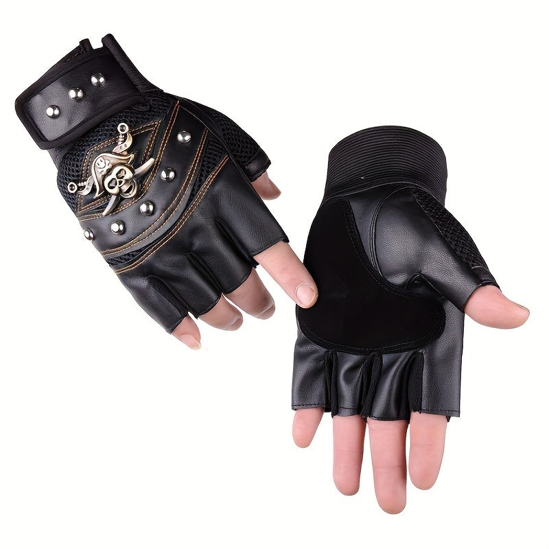 Gothic Scull Skeleton Outdoor Sports Gloves, Skull Half-Finger Gloves, Pirate Gloves,  Rivet Women Men's Sports Gloves