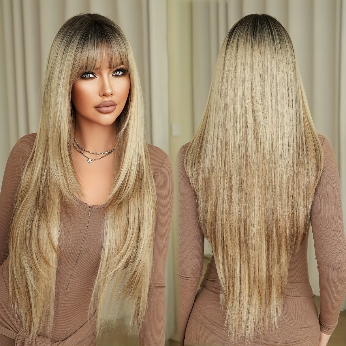 Long Straight Heat-Resistant Synthetic Wig with Dark Brown Roots - 150% Density Rose Net Cap, 86.36cm Elegant Party & Daily Use Wig for Women, Natural Look for Everyday & Special Occasions, Versatile Hairpiece, Sleek Hairpiec