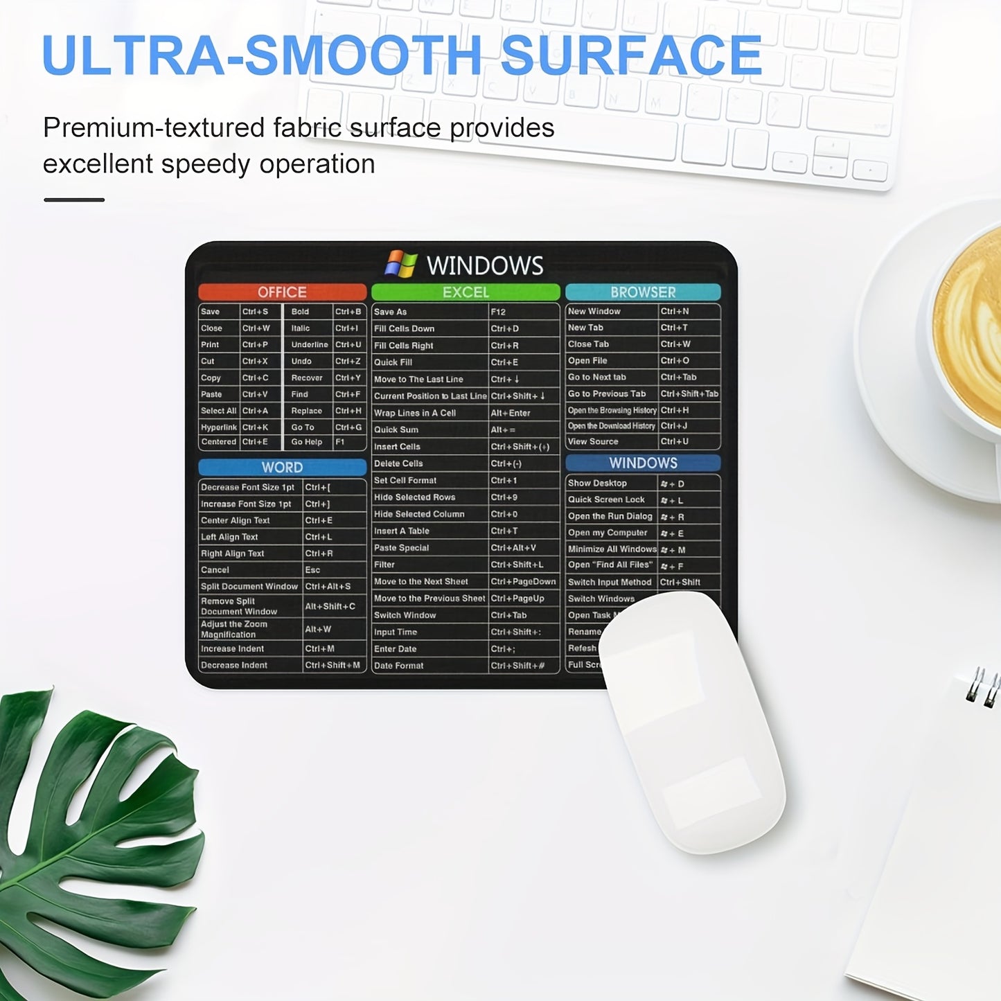 Ergonomic Non-Slip Rubber Mouse Pad with Windows Shortcuts - Rectangle Office Gaming Mouse Mat, Durable & Comfortable, Ideal for Computer & Laptop, 24.13X20.07 cm