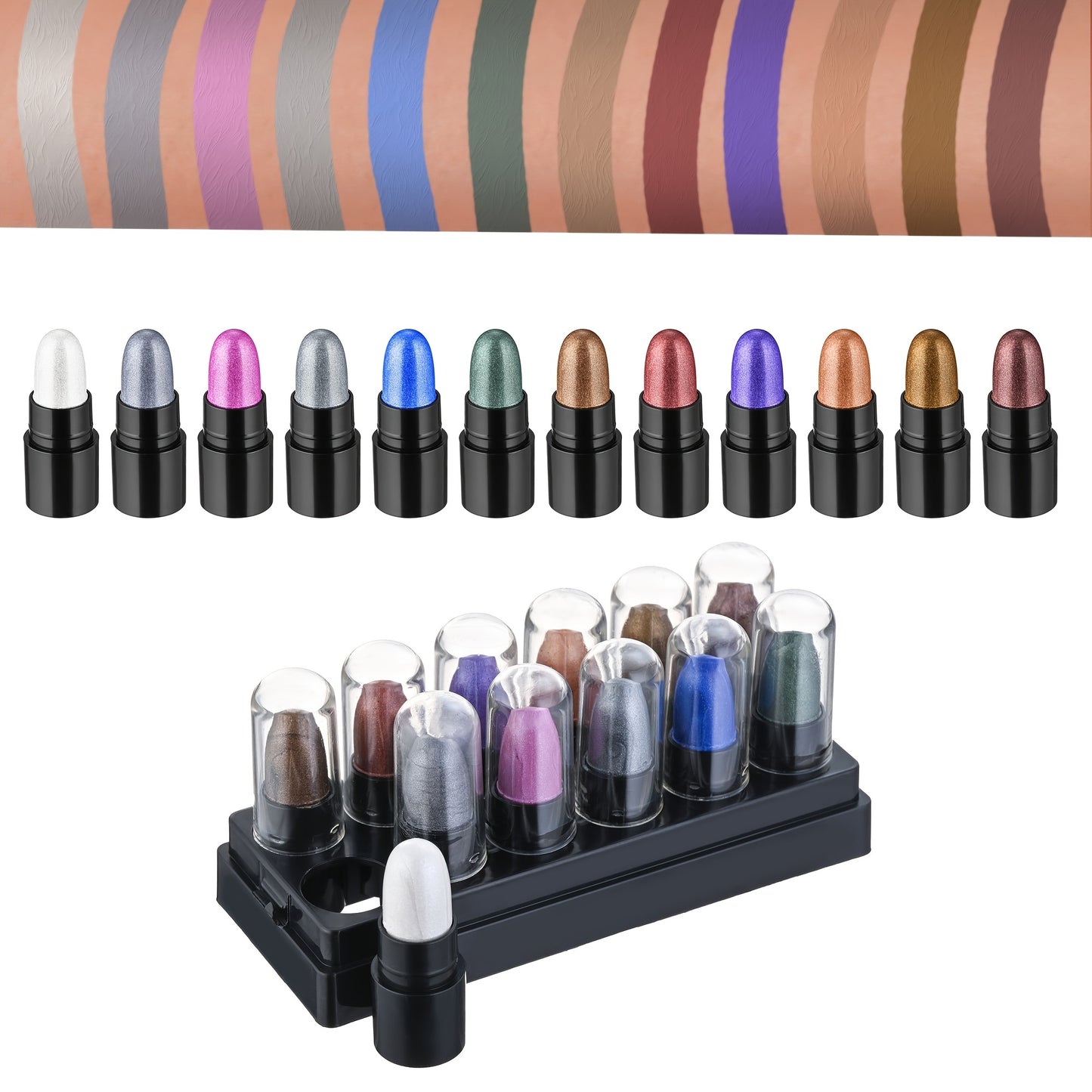 12 PCS -Colors Set Women Eyeshadow Stick Set - Long-Lasting, High-Gloss Glitter & Matte Finishes in Black, Gray, and Mixed Shades