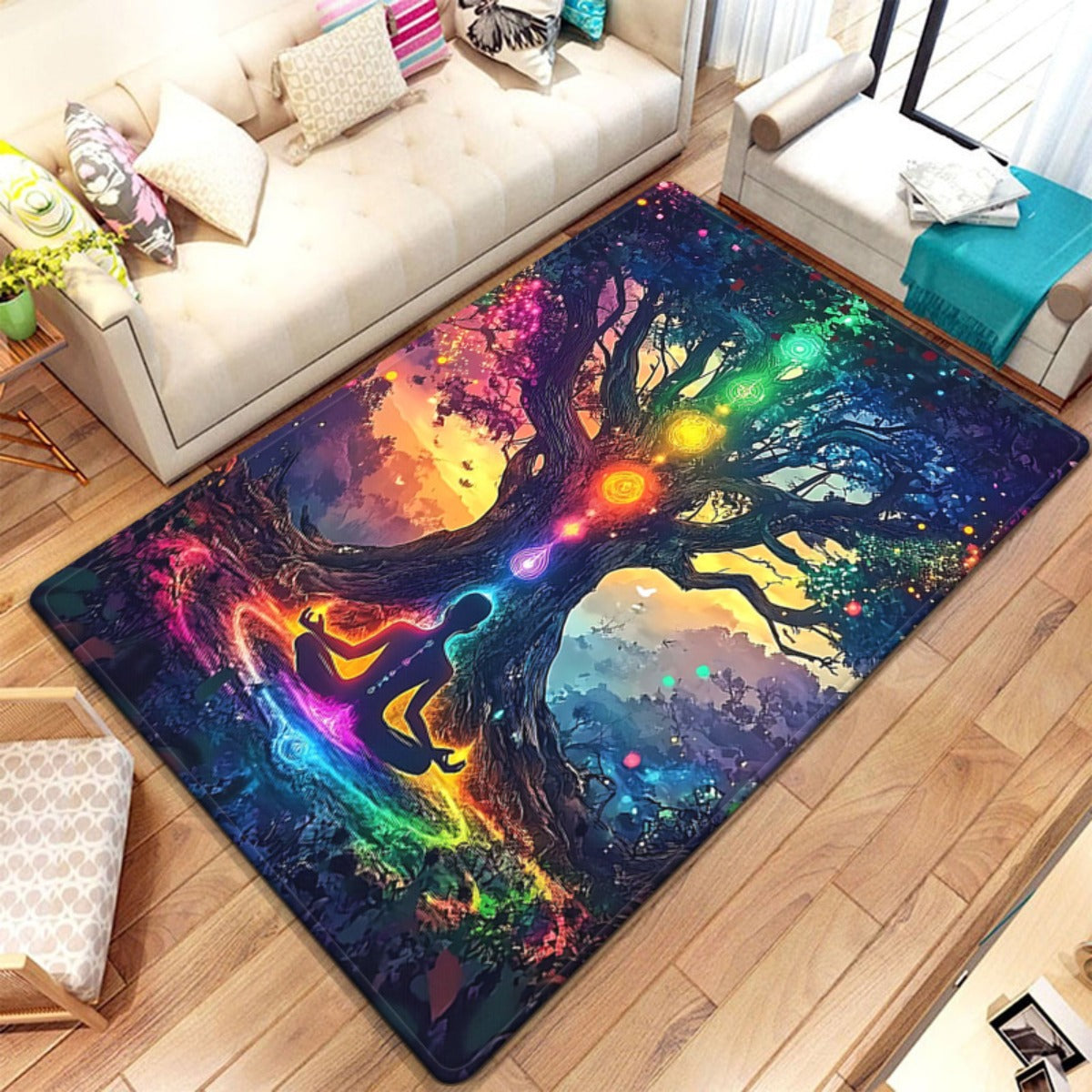 For Spiritual Yoga Studio Extra Large Meditation Mat - Heavy-Duty 800gsm Non-Slip Yoga Mat & Mat with Chakra Tree Design in Green, Blue, Purple, Pink, Orange, Yellow, Red, - Machine Washable Floor Mat for Living Room, Bathroo