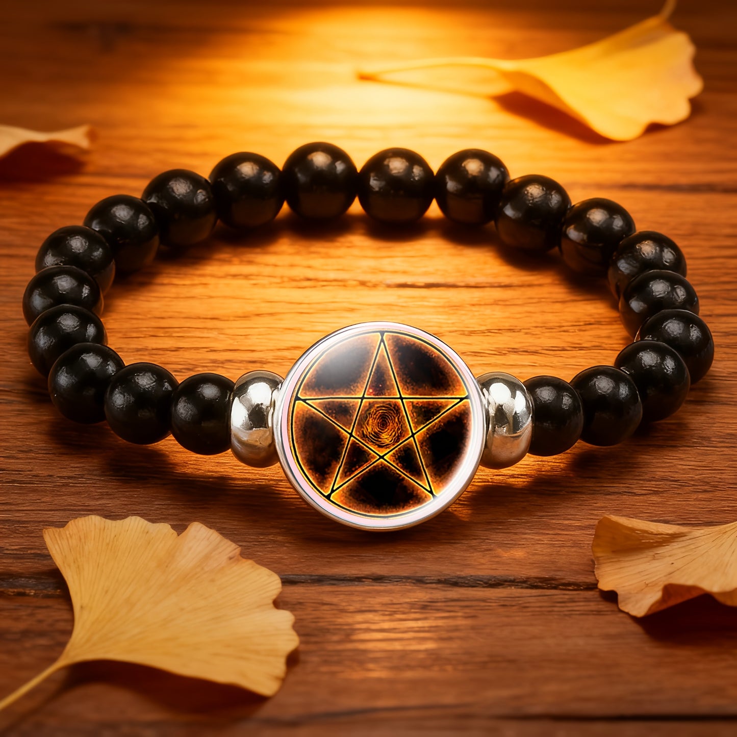 A Packaged Item (Teenager's Classic Style Black Plastic Bead And Chain Bracelet), Featuring a Unique Design with a Mysterious Pentagram Pattern Surrounded by Golden Light And Spiral Textures
