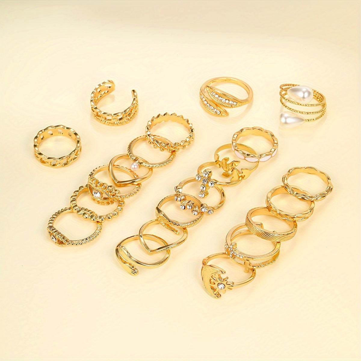 22 PCS Set Stylish Vintage Rings Featuring Leaves, Eyes, Moons, Crosses, Rhinestones, And Faux Pearls, Perfect for Parties, Dates, And Everyday Wear
