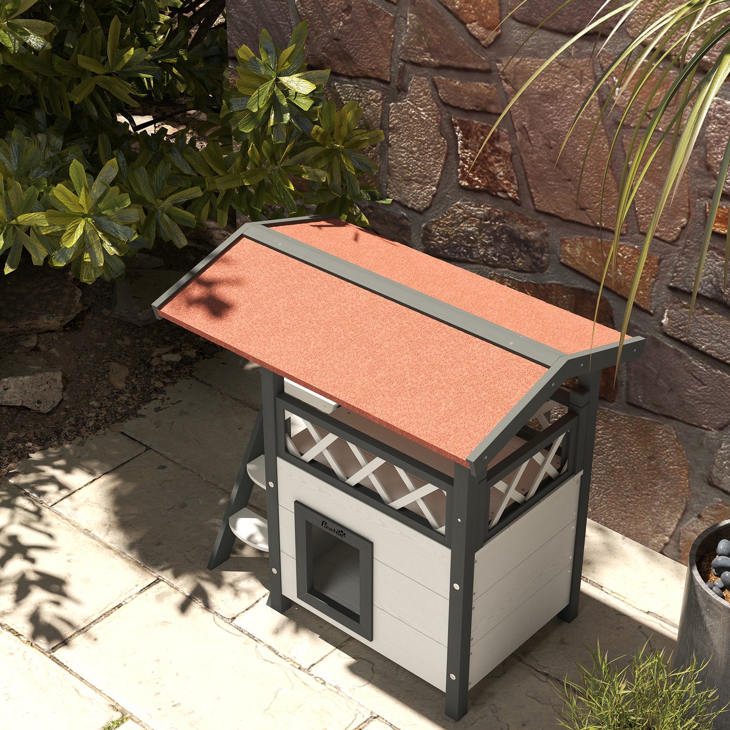 Outdoor Cat House Kitten Shelter Puppy Kennel with Balcony Stairs Asphalt Roof, 77 x 50 x 73 cm