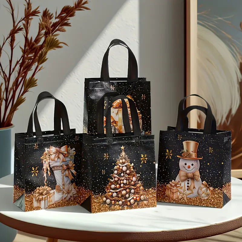 20pcs Festive Christmas Gift Bags - Snowman, Tree & Stocking Design, Black & Golden with Handles, Non-Woven Tote Bags for Holiday Parties, 23*22*11cm, Christmas Gift Bags, Christmas Decorations, Christmas Decor, Christmas Gif
