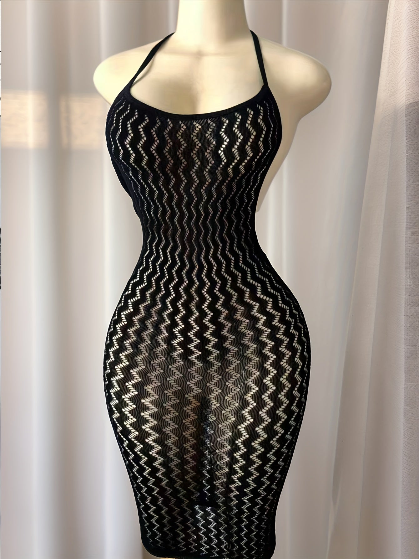 Sexy Plus Size Backless See Through Bodycon - High Elasticity Fishnet Cover Up with Striped Pattern & Cut-Out Details, Form-Fitting Beachwear for Music Festivals, Vacations, Summer Swimwear (See-Through Black), Festival Atti