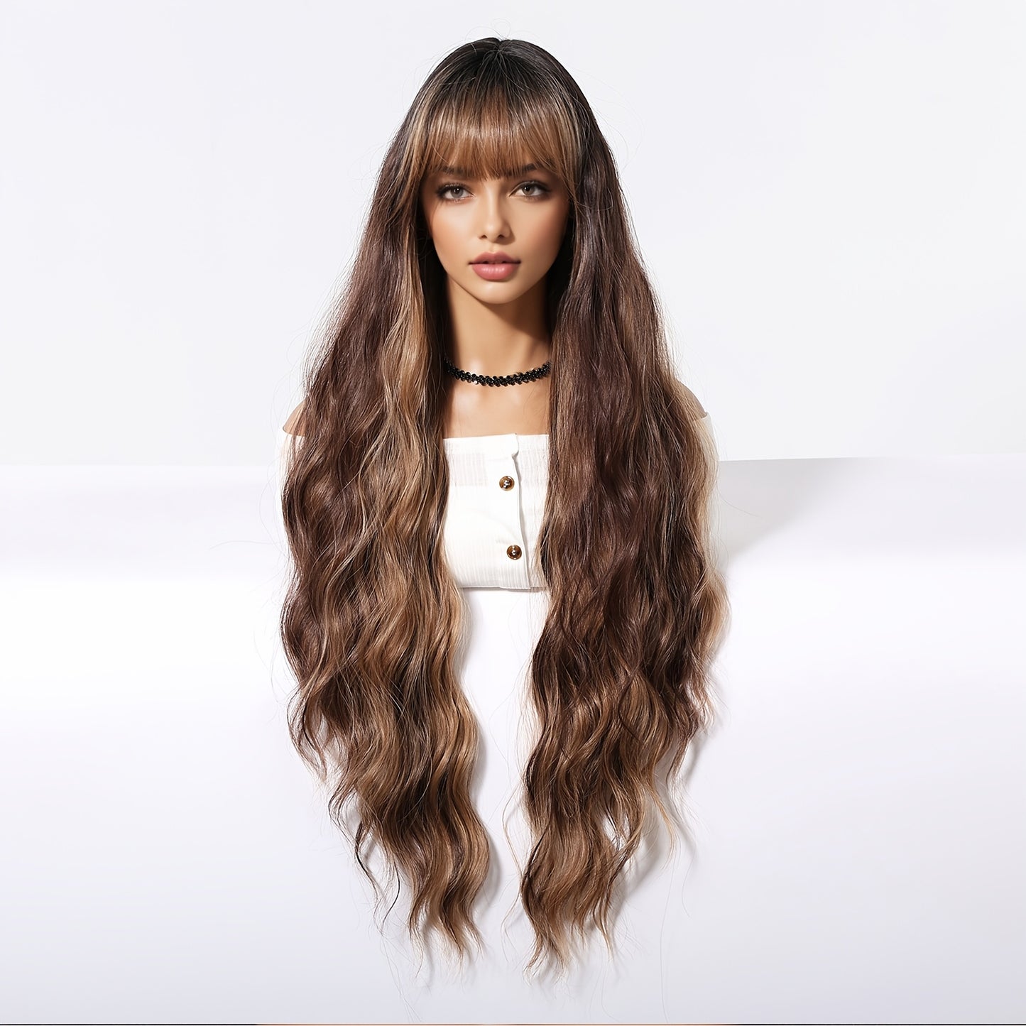 Elegant 81.28cm Brown Curly Wig with Bangs for Women - Soft, Heat-Resistant Synthetic Hair, Perfect for Daily Wear & Special Occasions