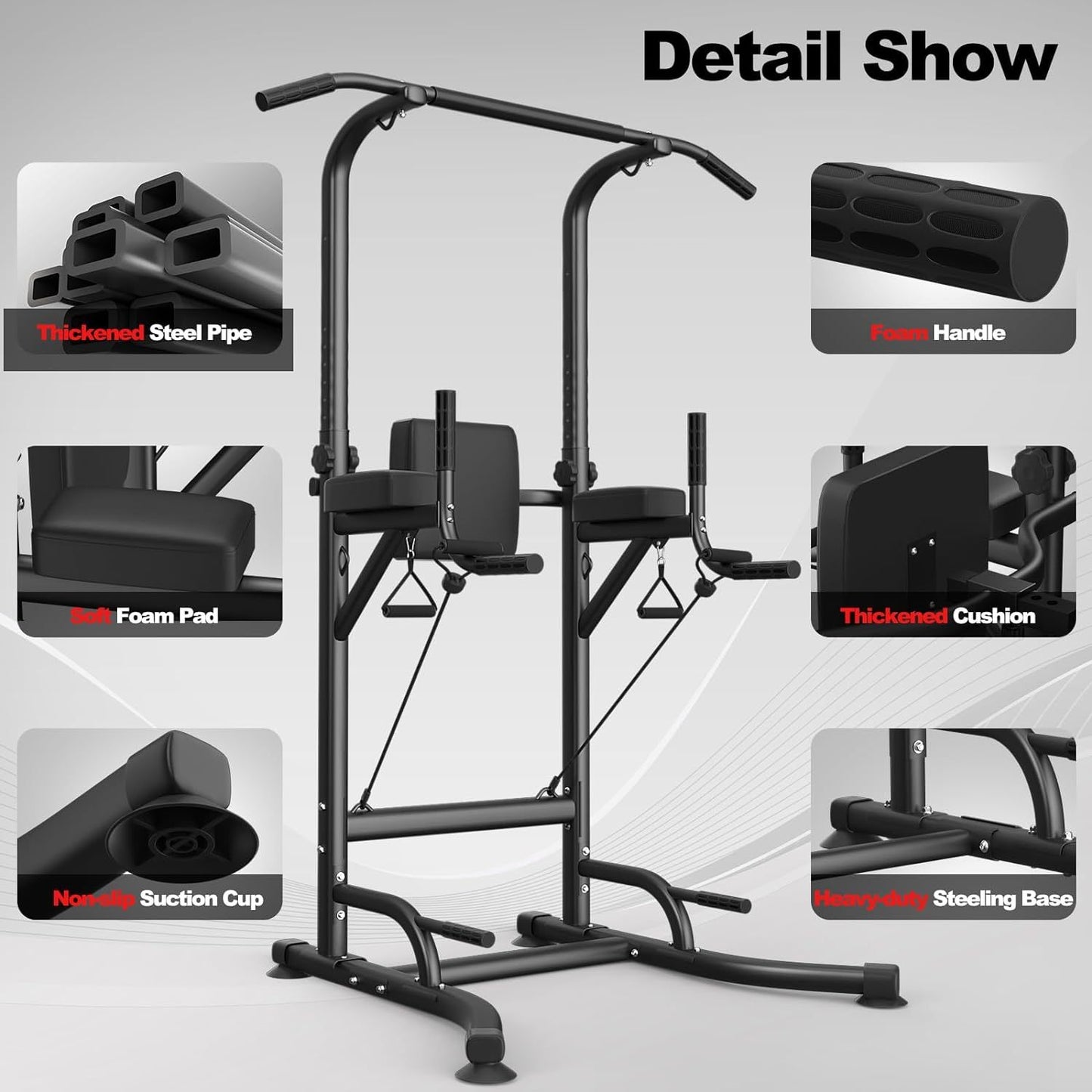 Home Gym Power Tower Pull-Up & Dip Station for Home Gym - Adjustable Height Range, 330LBS Capacity with Anti-Slip Suction Cups H-Steel Base Power Rack Women Men Sports Supplies