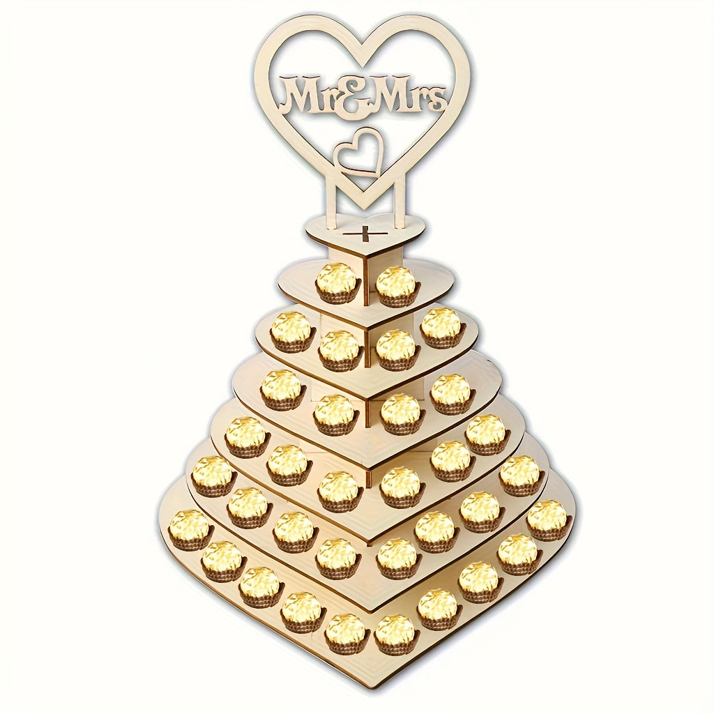 Elegant 7-Tier Heart-Shaped Wooden Chocolate Display Stand for Weddings & Parties - Artistic Home Decor Accent