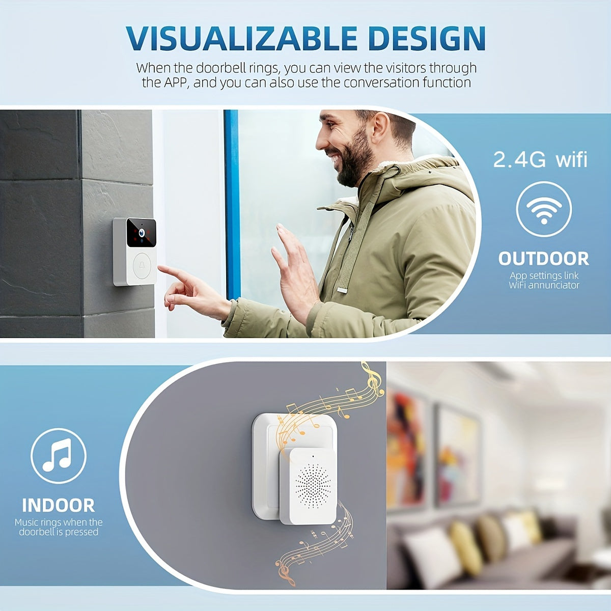 Wireless Smart HD Video Doorbell - 2.4G Wi-Fi, Night Vision, Voice Modification, Two-Way Communication, Photo Capture, Recording - Rechargeable Home Office Security Doorbell with Integrated Battery