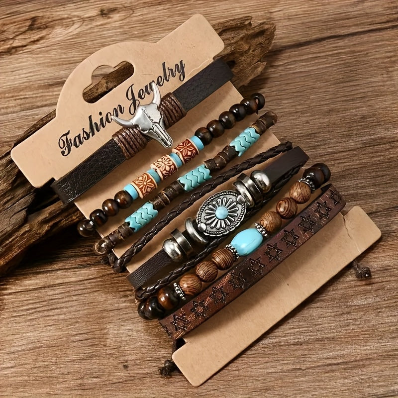 24pcs Retro Buffalo Head Turquoise Cowrie Wood Bead Bracelet Set - Brown Faux Leather with Star & Feather Pendants, Ideal Gift for Friends, Daily Occasion, Earth Day, Mother'S Day, Campus Event, Everyday Bracelet | Retro Styl