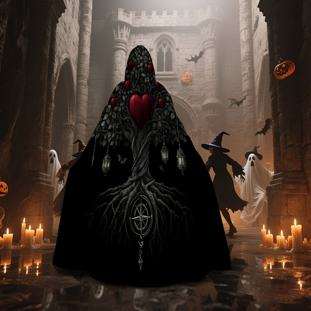 Women's Gothic Witch Cape Robe Costume - Long Flowing Dark Robe with Heart Tree & Pentagram Design, Flowing Cape - Heavy-Duty Fabric for Cosplay, Themed Parties, Medieval/Fantasy Events - Magical Attire for Wiccan & Witchy Ev