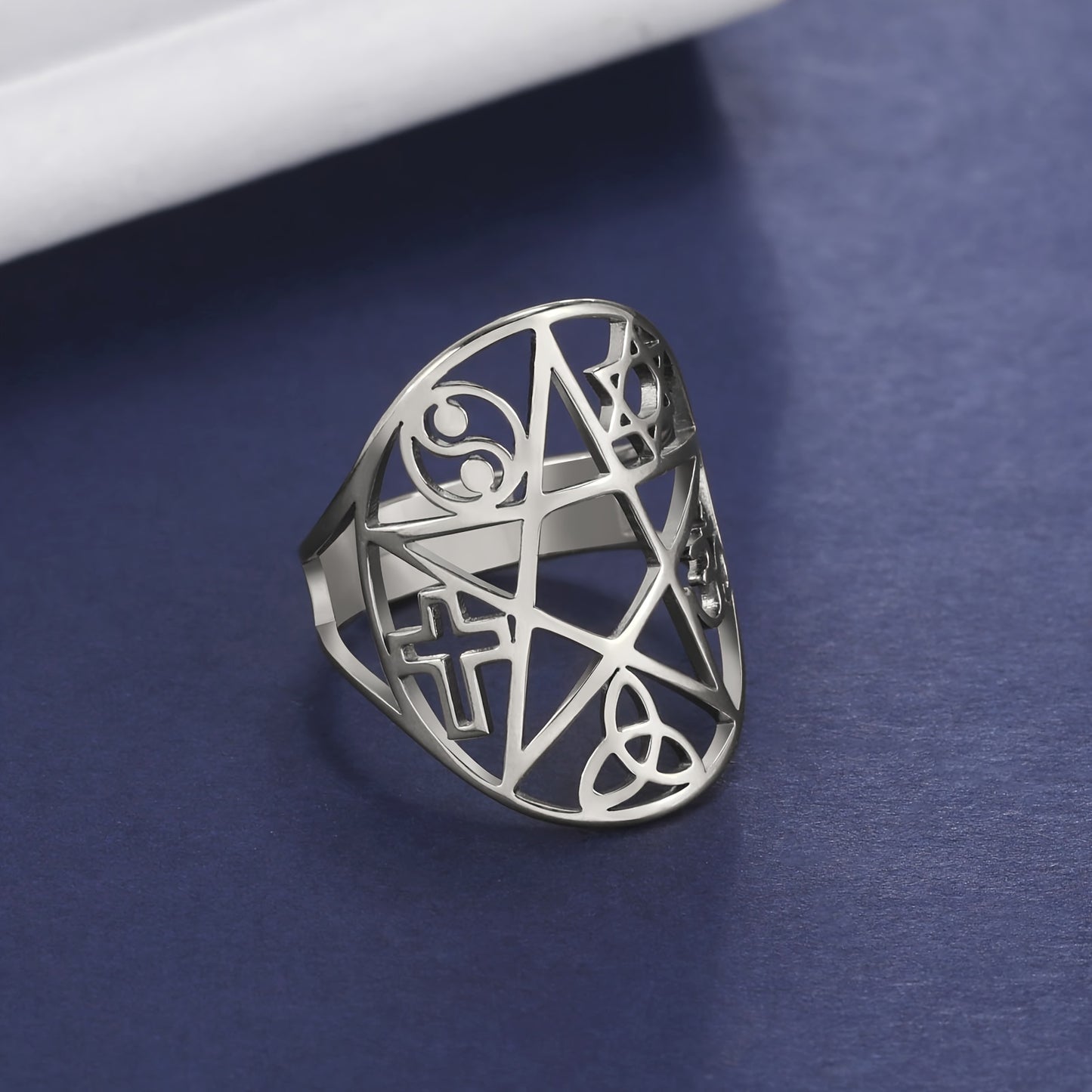 Boho Style Stainless Steel Ring, Women's Men's Pentagram & Celtic Knot Protection Signet, Triangular Cross Spiral Charm, Irish Jewelry Gift