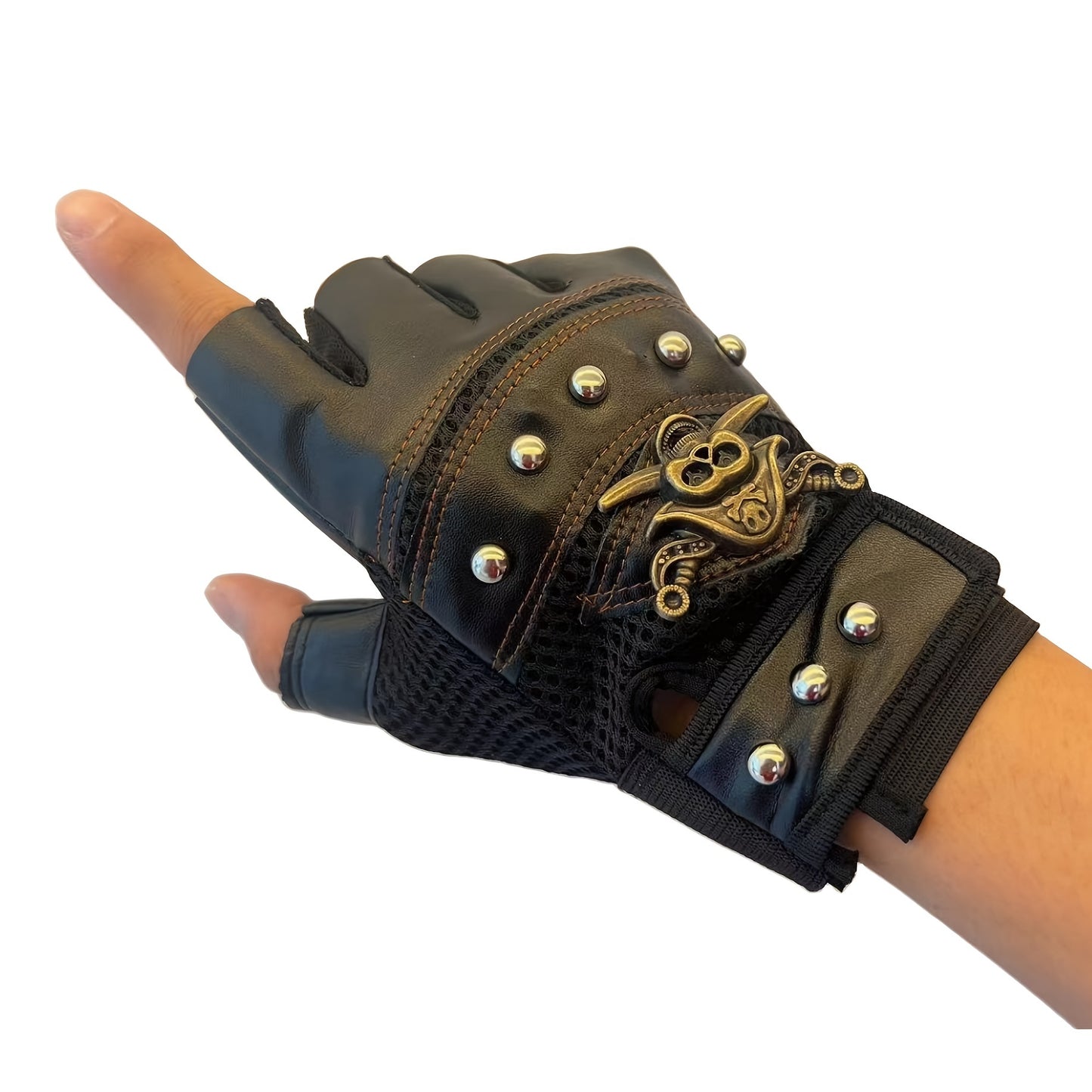 Gothic Scull Skeleton Outdoor Sports Gloves, Skull Half-Finger Gloves, Pirate Gloves,  Rivet Women Men's Sports Gloves