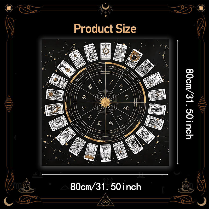 Zodiac Chart Tarot Tablecloth - Black & Golden Astrological layout with 12 Zodiac Signs - Heavy-Duty Machine-Washable Polyester Altar Cloth for Tarot, Astrology, Witchcraft, Meditation - Multiple Sizes (50x50/60x60/75x75/80x8