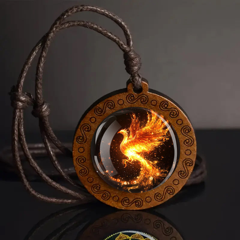 Adjustable Fire Phoenix Wooden Pendant Necklace - Vintage Boho Style, Glass Mosaic, Ideal for Daily Wear & Gifting, All-Season Accessory, Daily Wear Necklace|Vintage Boho Style|Adjustable Strap, Phoenix Jewelry