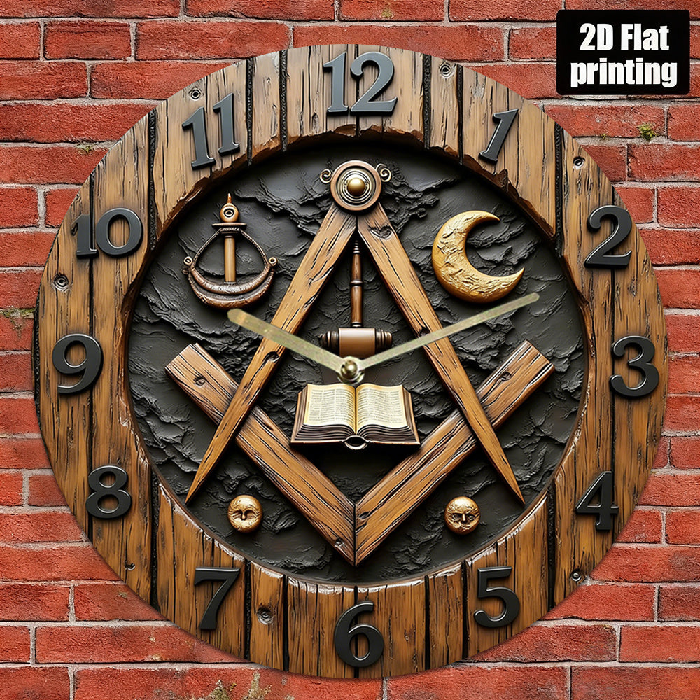 Masonic/Architect's Square-Themed Wall Clock Featuring Large Black Hands And Golden Numbers - Silent with No Ticking Sound, Includes Masonic Symbols (Compass, Square, Trowel) - Battery-Operated (AA Batteries Not Included)