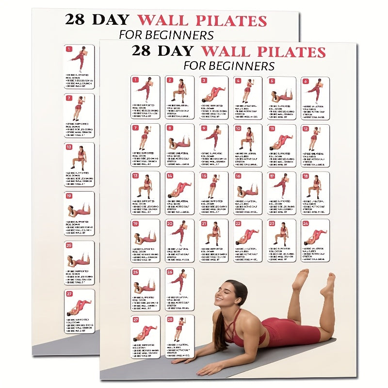 NEW 2 PCS Set 28 Day Wall Pilates for Beginners Yoga Guide with Step-by-Step Illustrations, Ideal for Home, Gym, Studio Decor, Bedroom & Study Room, Beginner Yoga Guide |Educational Wall Art, Pilates Equipment