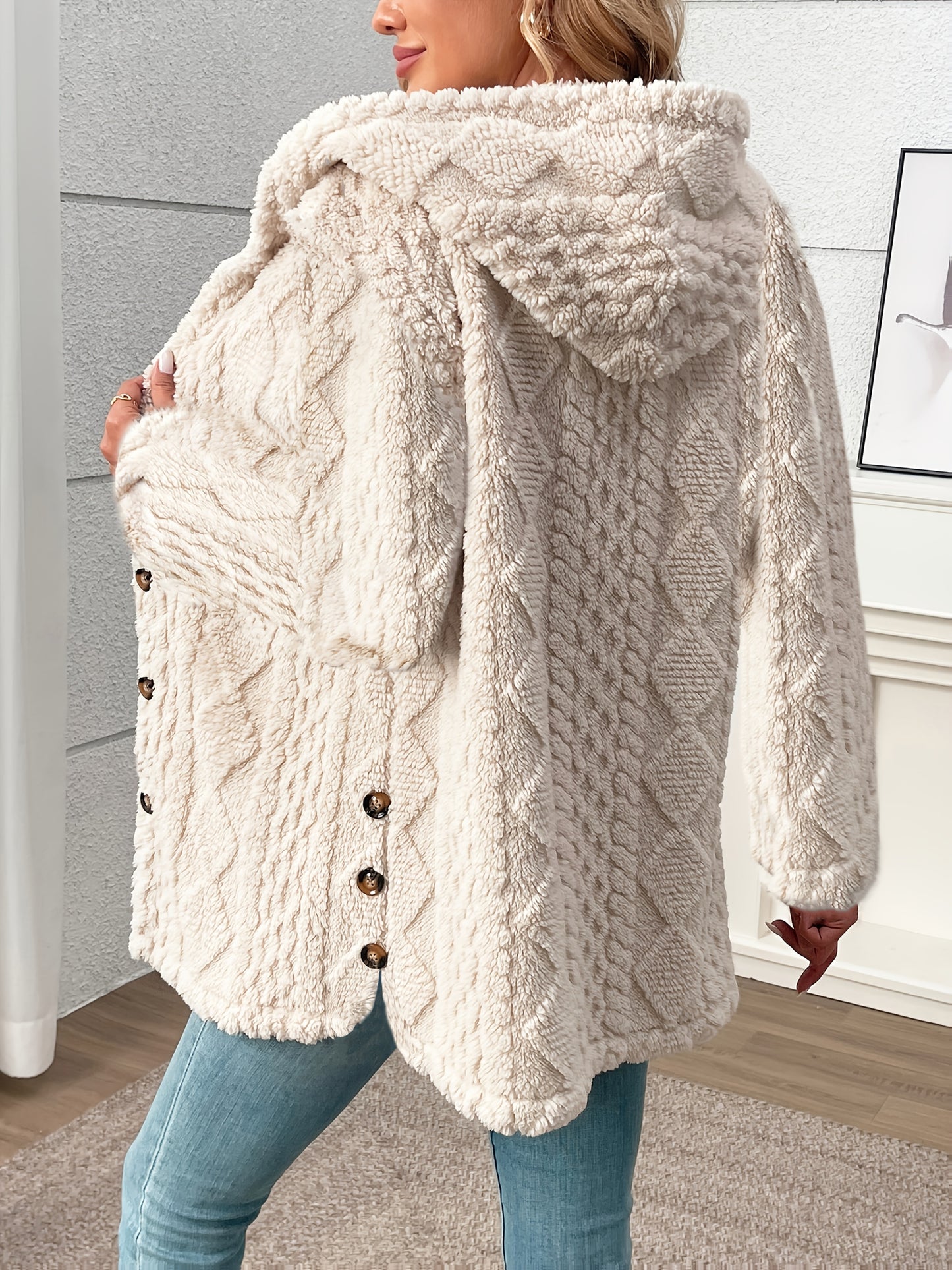 4 Colors Women's Elegant Rhombus Texture Hooded Teddy Bear Jacket - All-Season Button-Front Coat with Side Pockets, Soft Plush Fabric, Machine Washable, Versatile Casual to Formal Outerwear, Everyday Comfort Wear, Durable But