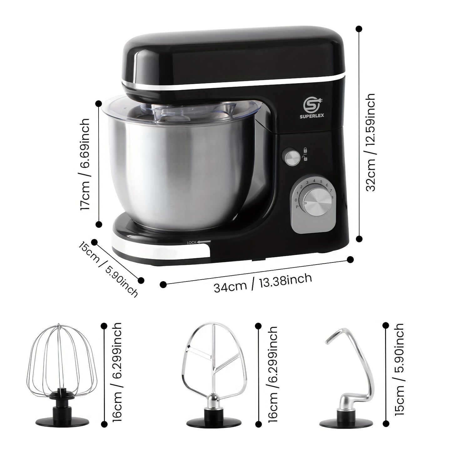 3-in-1 Stand Mixer 5L 1300W 8-Speed Kitchen Machine with Pulse, Stainless Steel Dough Hook Whisk & Eggbeater Attachments, Energy Class A+++ for Baking Cakes Bread, Black, Baking Essentials, Ergonomic Handle, Reliable Performa