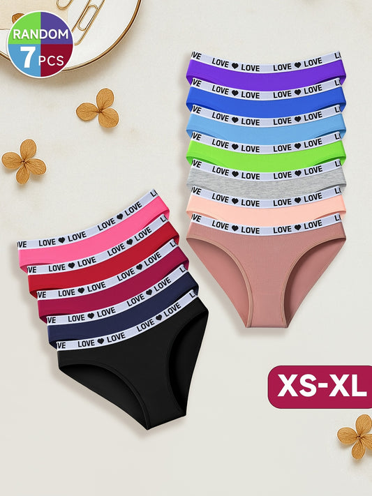 7-PCS Set  Women's Drop Waist Seamless Thong Panties | Sexy Bikini Heart Print, Simple Elegant Solid Color Design, High Elasticity Soft Breathable Fabric, Suitable for Light Skin, Autumn-Winter Underwear