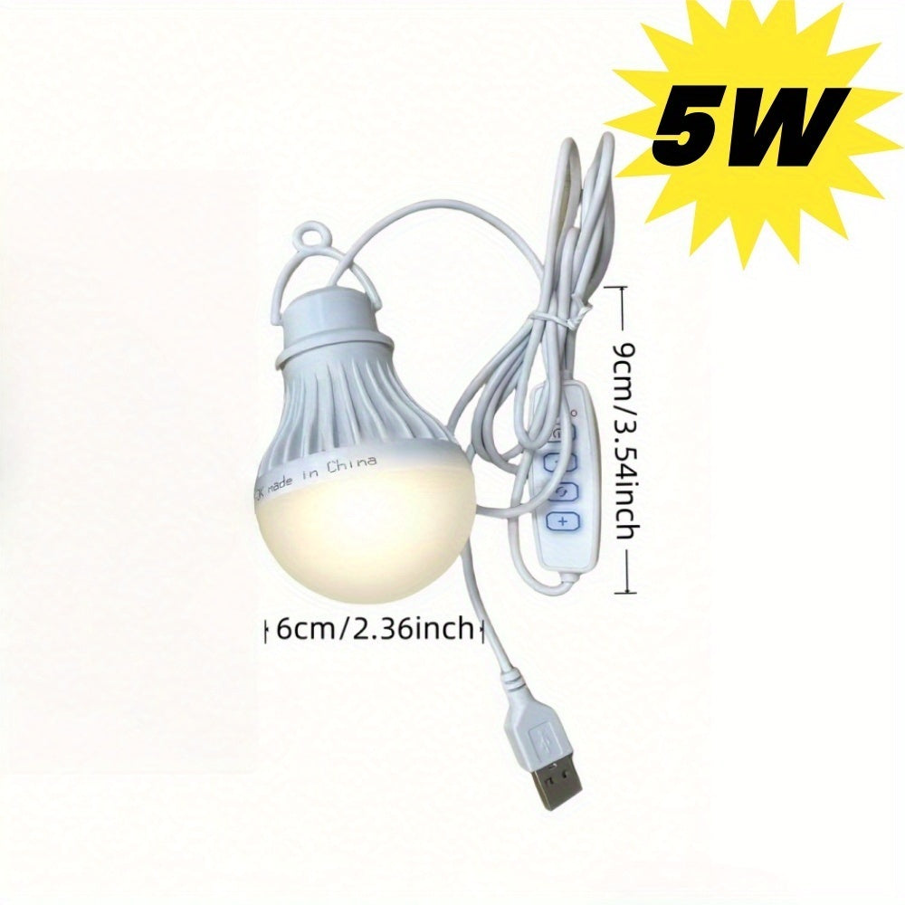 USB Powered LED Bulb with Switch, Portable Camping Light, 3-Color Dimmable Emergency Light with Hanging Hook for Tents, Outdoor, BBQ, Fishing & Repairs