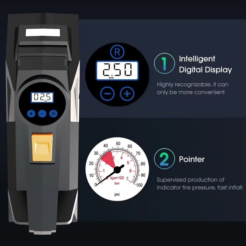 Digital Tire Inflator Is a Portable Air Compressor Designed for Cars, Motorcycles, Boats And Bicycles, Operating on DC 12 Volt And Featuring an LED Light, Without Battery