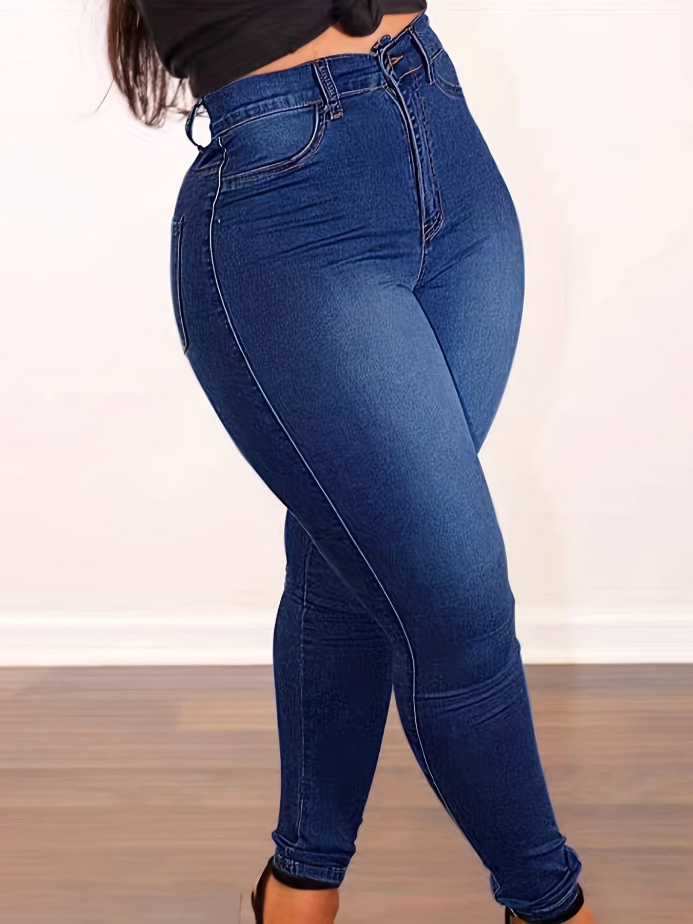 For Big Girls XL-4XL Plus Size Curvy Women's Blue Stretch Denim Long Blue Jean Pants, High-Waist Washed Stretch Jeans with Slant Pockets and Solid Buttons Female Streetwear Casual Clothing Supplies