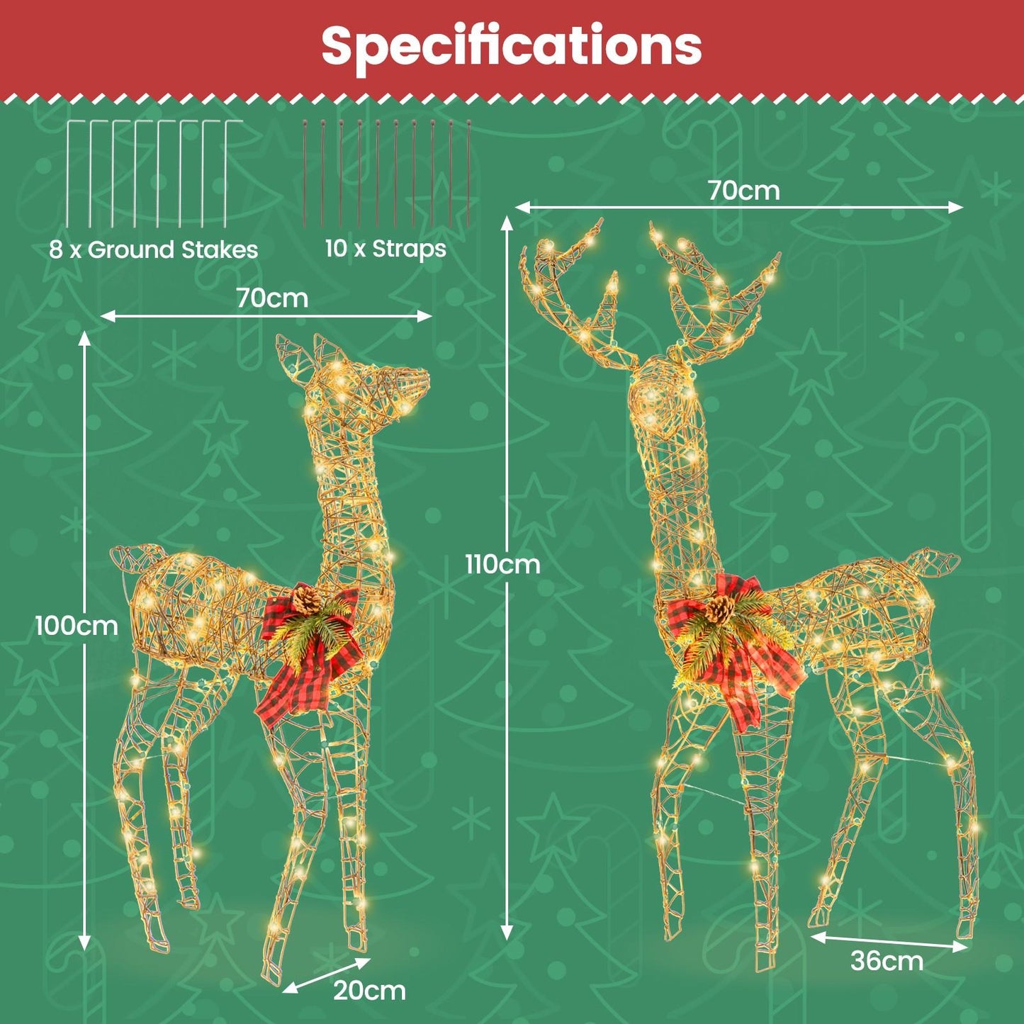 2pcs Large Lighted Reindeer Family Christmas Deer Set with 200 LED Lights - Outdoor/Indoor Display, Metal Frame with Ground Stakes, Plug-in ( Plug), for front Lawn, Garden, Patio - Holiday Decoration Set