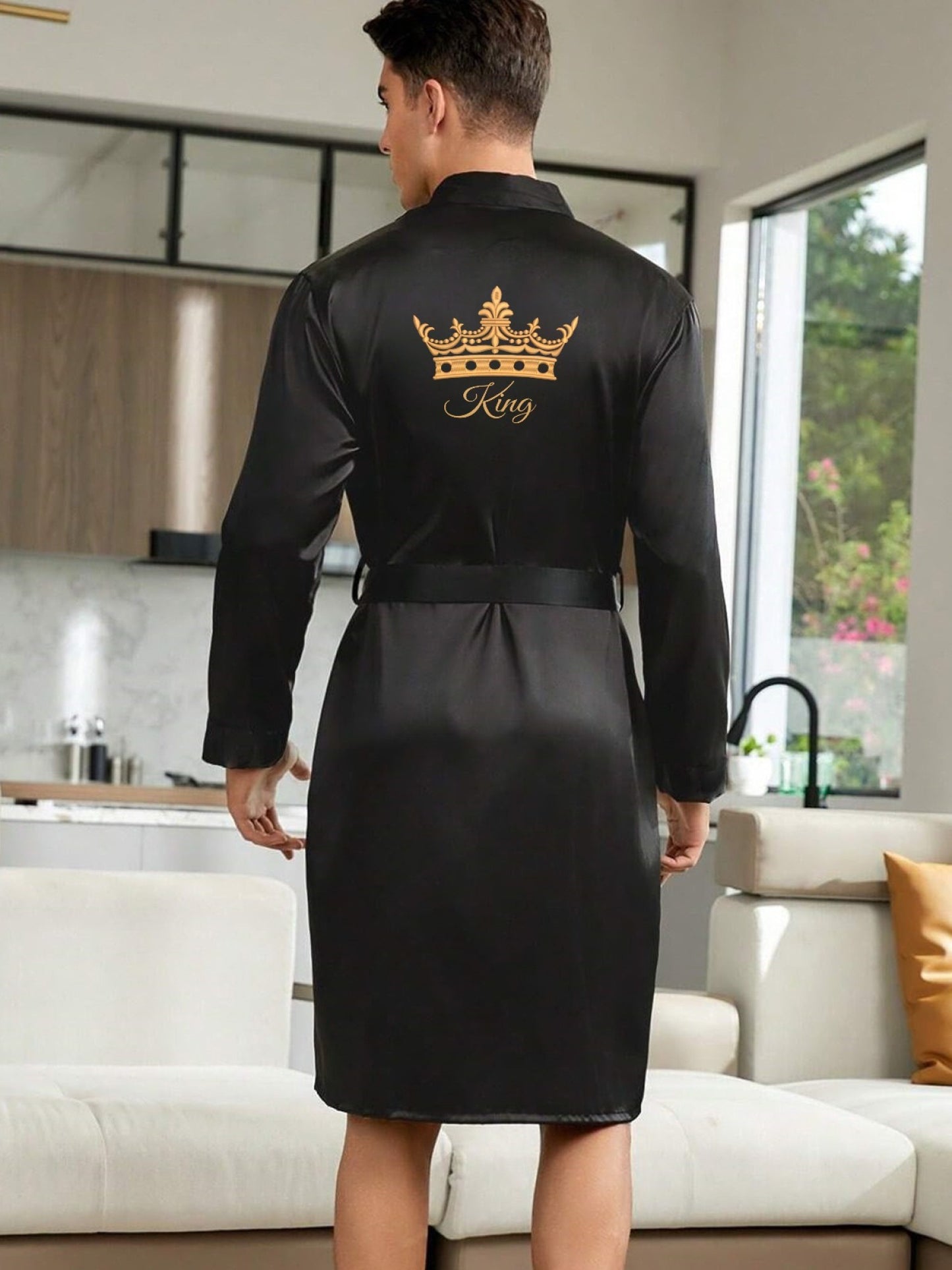 New Men's Smooth Soft Comfortable Plain Color Robe with DIY Customized Pattern, V-neck, Long Sleeves, Belted Elegant Simple Casual Ideal Choice for Wedding and Party Men's Pajamas Home Clothes Regular Models in Spring, Summer