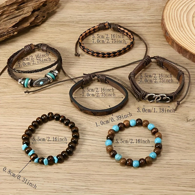 24pcs Retro Buffalo Head Turquoise Cowrie Wood Bead Bracelet Set - Brown Faux Leather with Star & Feather Pendants, Ideal Gift for Friends, Daily Occasion, Earth Day, Mother'S Day, Campus Event, Everyday Bracelet | Retro Styl