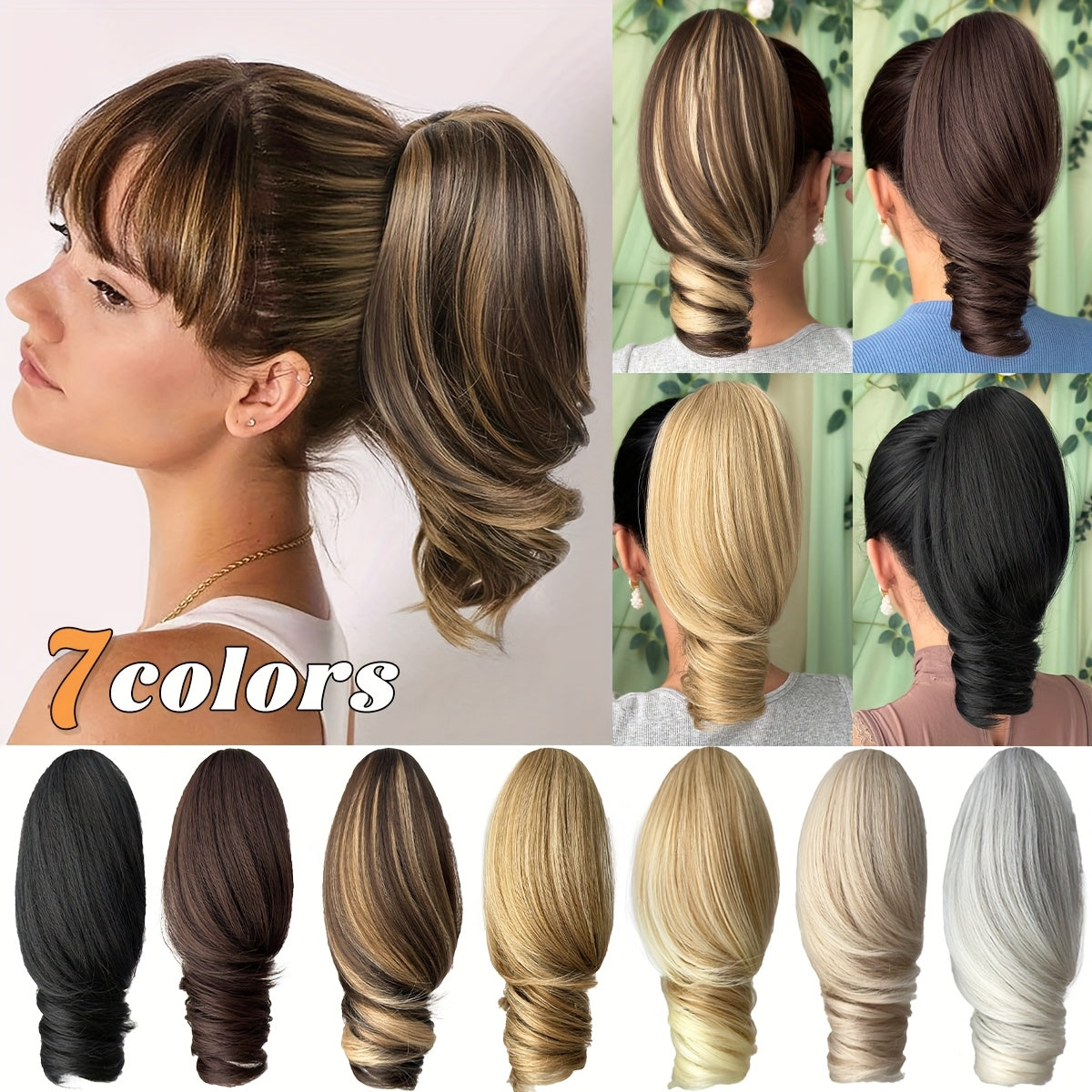 Women's Heat-Resistant Synthetic Hair Extension - 25.4cm Deep Wave Claw Ponytail Wig with 7 Color Options (Black, Brown, Golden, Gray, White, Brown/Black Gradient, | Look For Parties, Daily Use, Easy To Style & Maintain