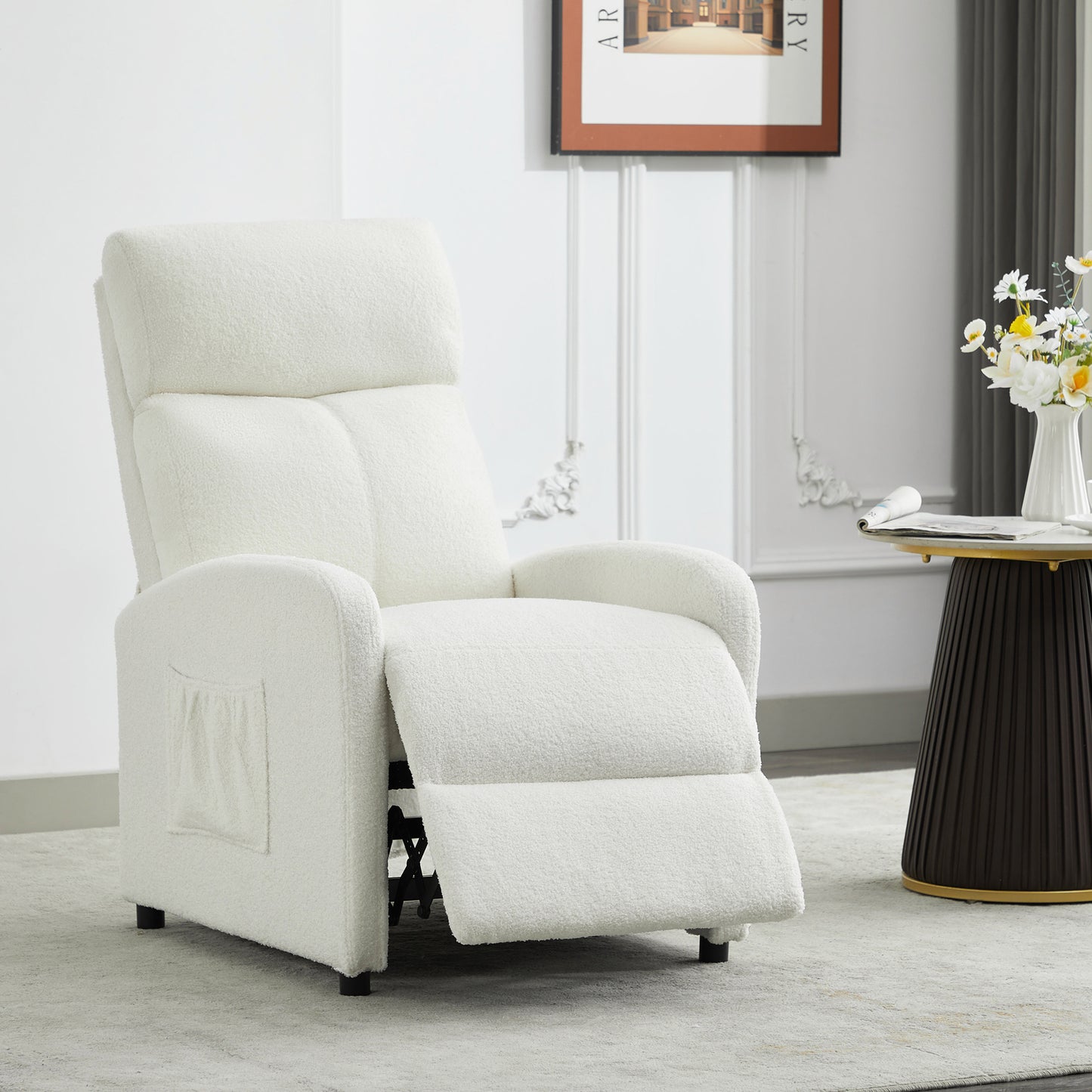 Push Back Recliner Chair Bed , Single Sofa with Lumbar Support, Padded Backrest, Side Pocket and Adjustable Leg Rest for Home Living Room